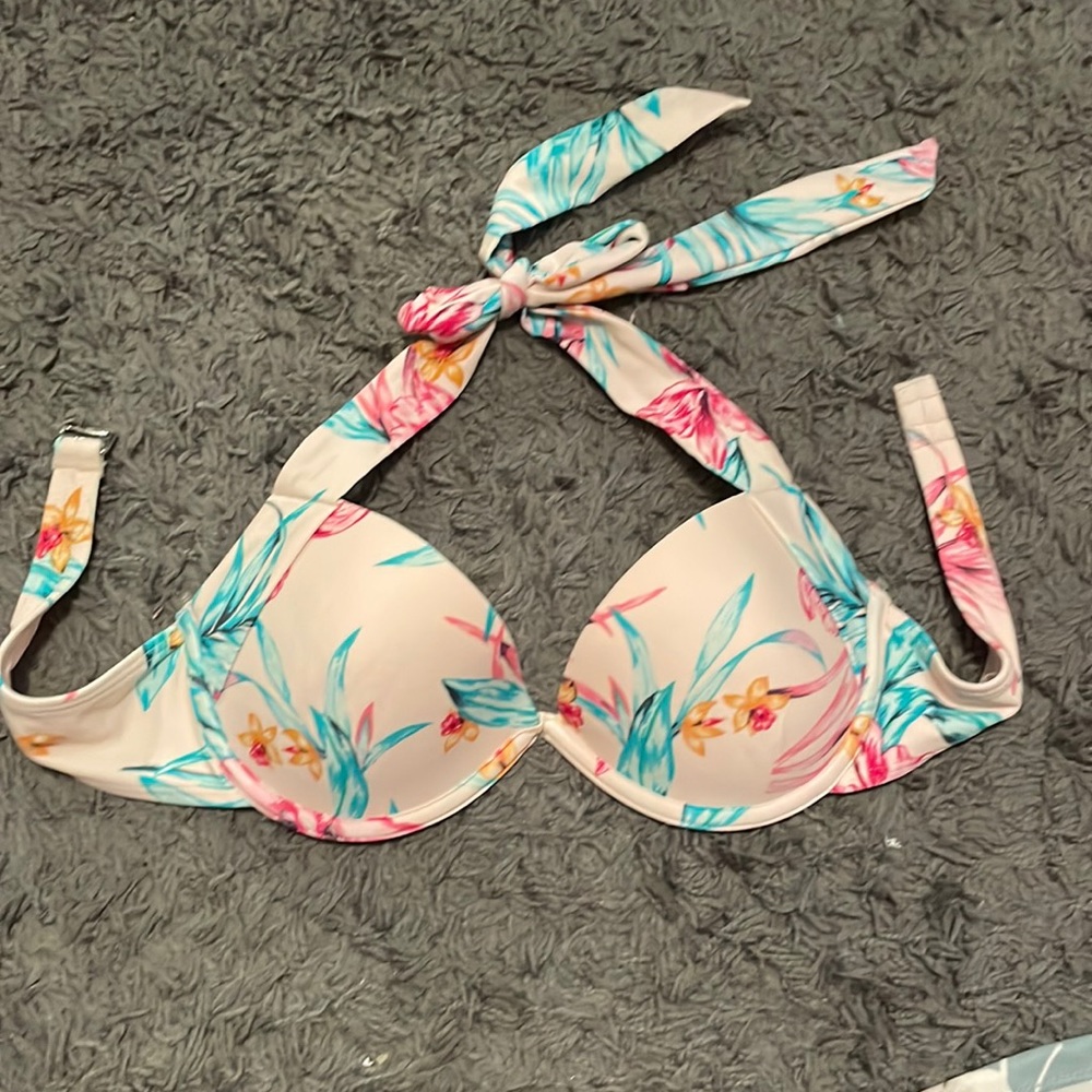 Floral bathing suit top.